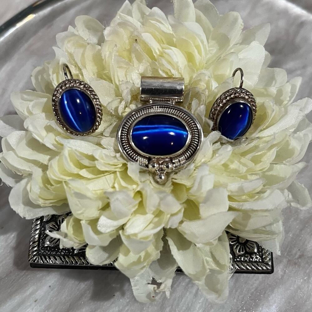 Vintage Mexican Taxco 925 Sterling Silver Cabochon Cut Cats Eye Pendant Earrings - Picture 7 of 15